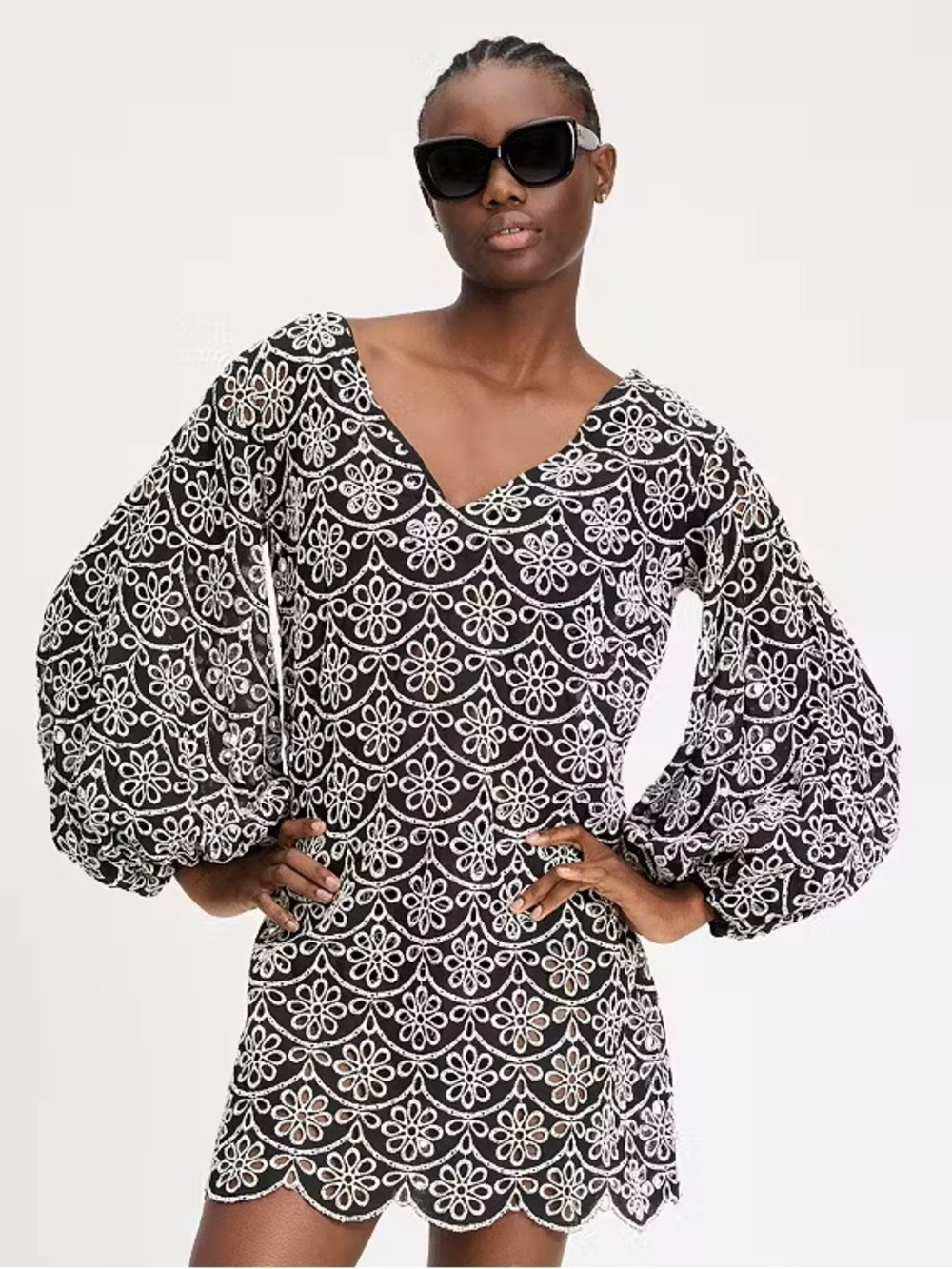 Black & White Embroidered Swim V-Neck Mini Dress